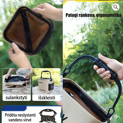 Sulankstomas 13L Žvejybinis Kibiras su Užtrauktuku – Lengvas, Tvirtas ir Kompaktiškas