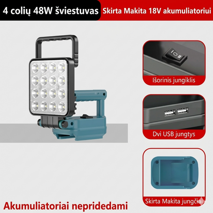 Galingas LED Darbinis Prožektorius + 2 USB (Suderinamas su Makita 18V)